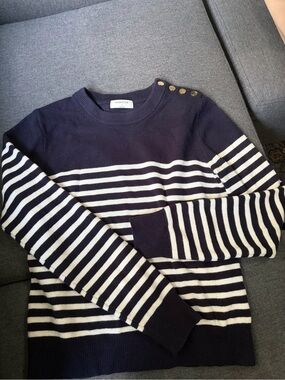Babaton Navy & White Striped Crewneck Sweater with Shoulder Buttons